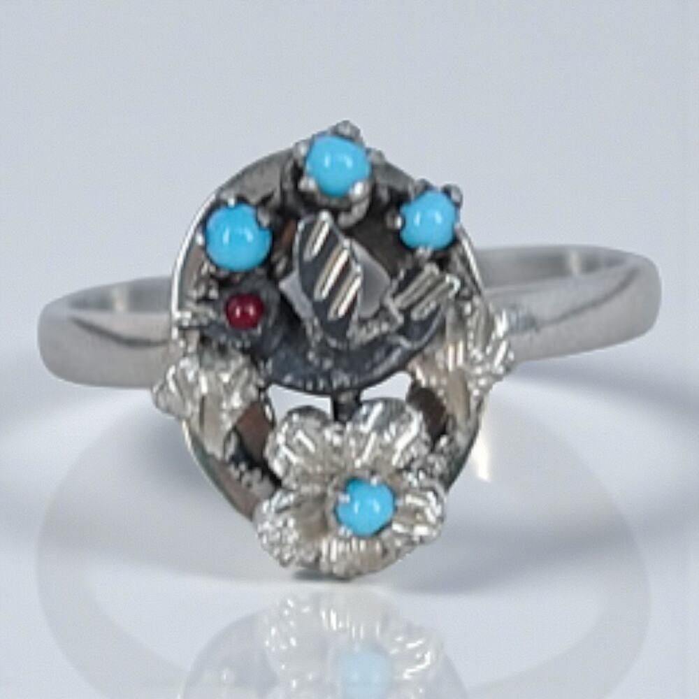 Vintage Sterling Silver Southwestern Hummingbird Ring Turquoise Coral Size 8.75